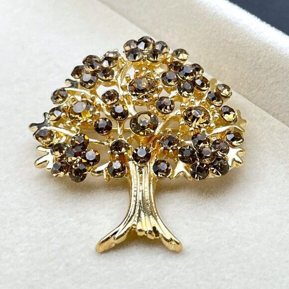 Yellow Gold with Champagne Topaz Crystal Blooming Tree Pin Back Brooch - Picture 4 of 9